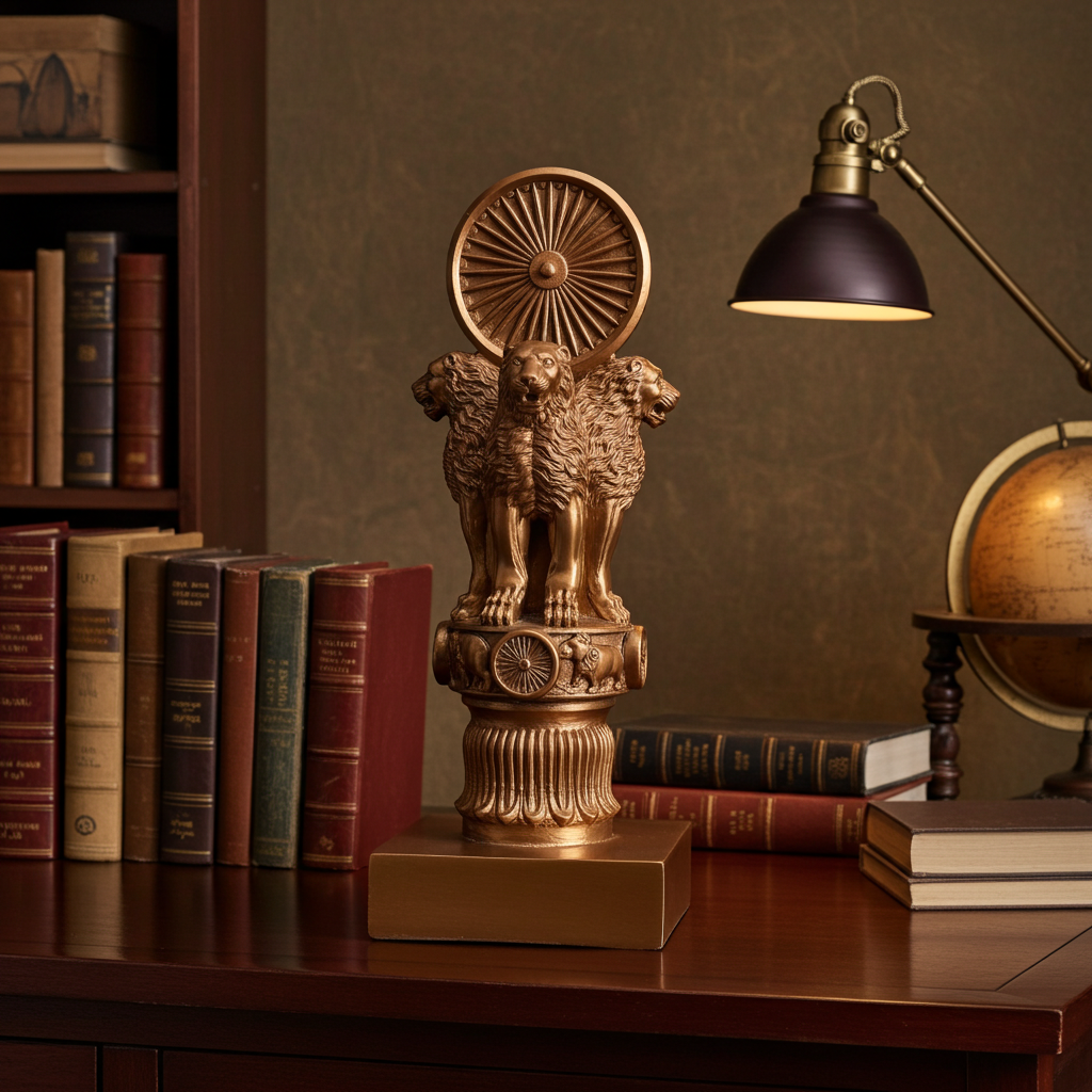 Ashoka Lion Capital with Samay Chakra Statue – Premium Copper Gold National Emblem Decor