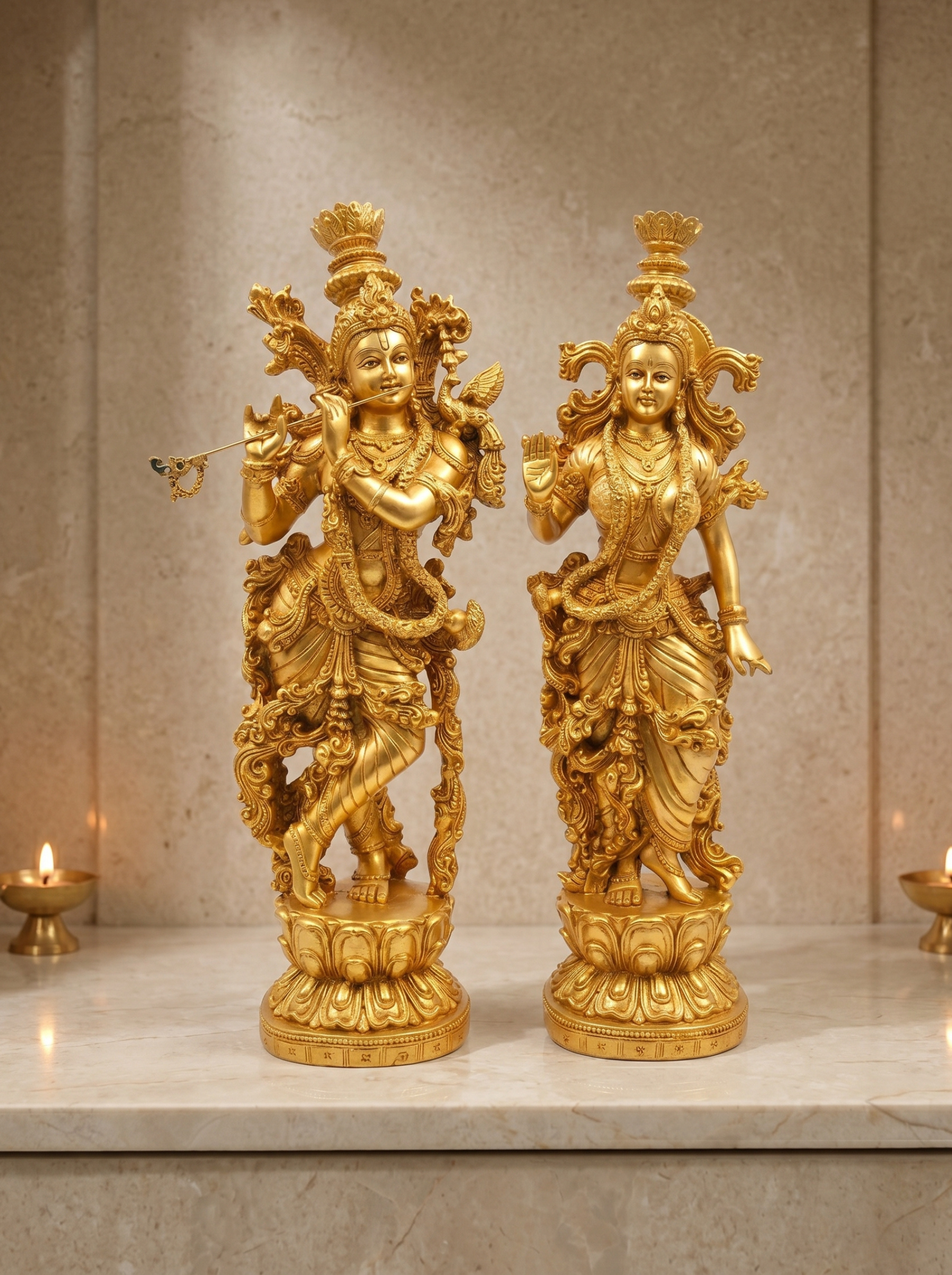 Radha Krishna Golden Idol Set | Luxury God Statue for Home & Temple Decor