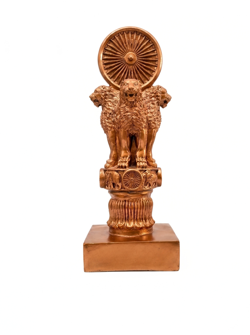 Ashoka Lion Capital with Samay Chakra Statue – Premium Copper Gold National Emblem Decor