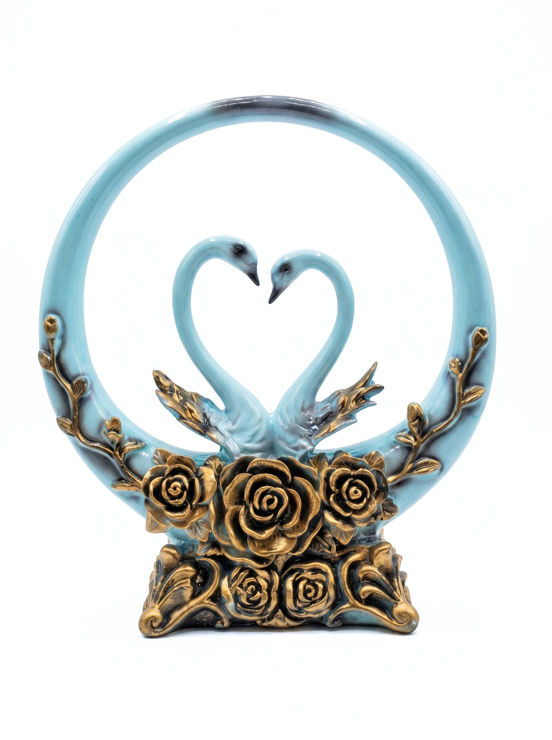 Elegant Swan Couple Showpiece – Blue & Gold Love Decor with Circular Frame