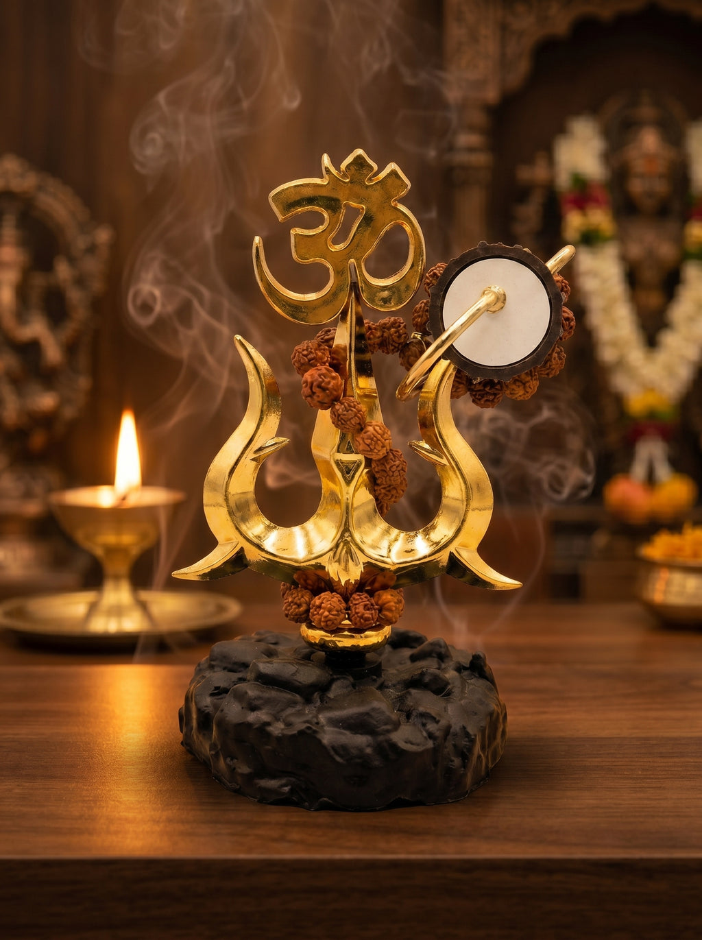 Golden Om Trishul Showpiece with Rudraksha – Spiritual Home Decor Idol