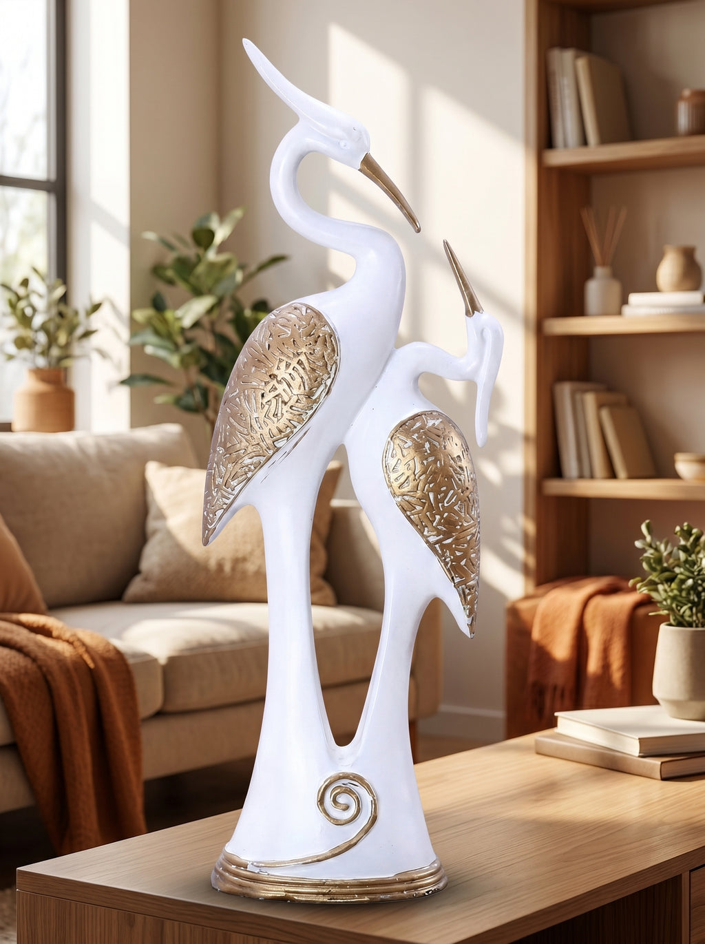 Elegant Crane Couple Showpiece – White & Gold Modern Bird Decor for Home