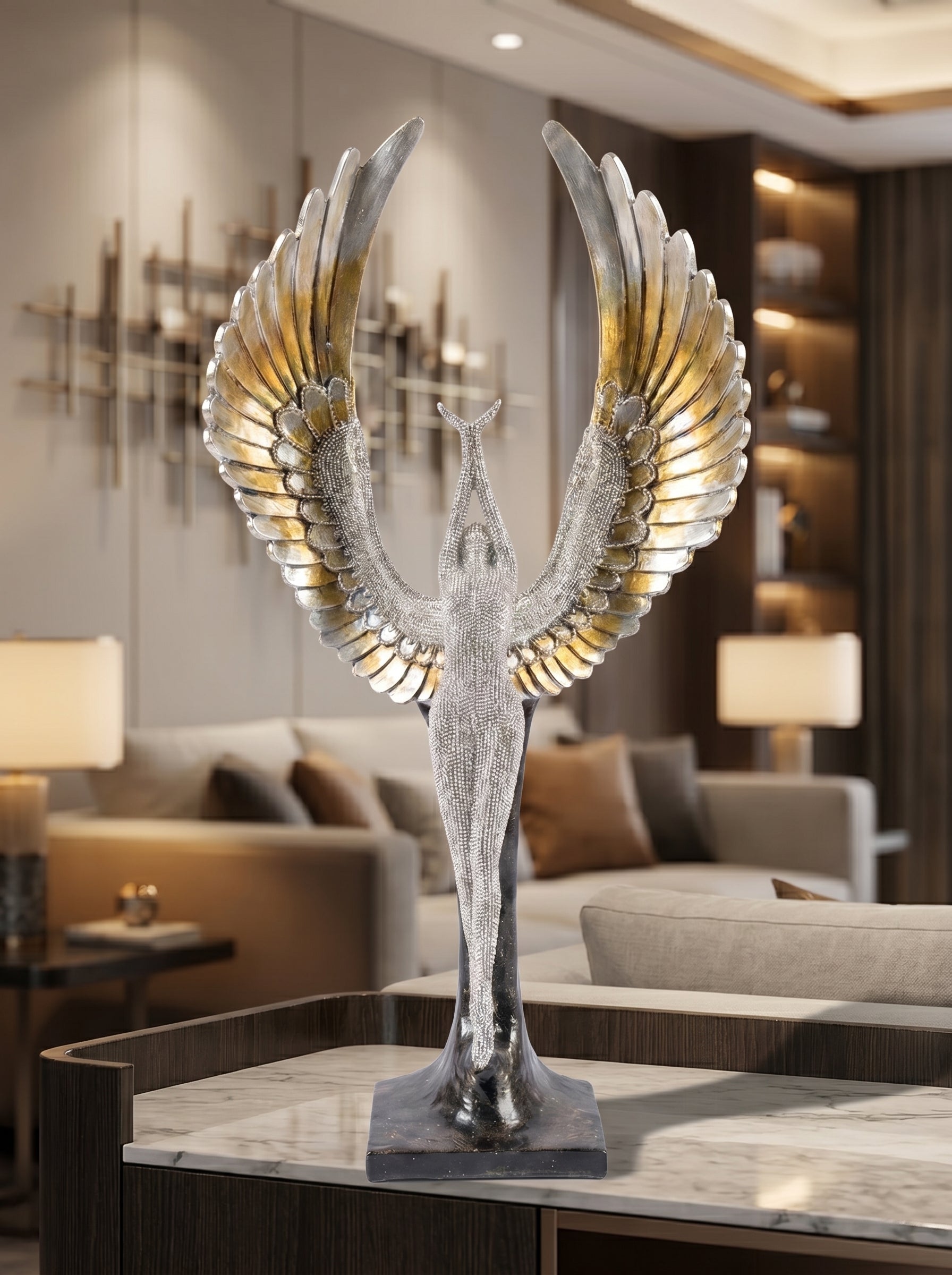 Premium Wing Sculpture Decor – Metallic Silver & Gold Modern Showpiece