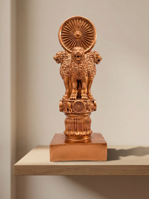 Ashoka Lion Capital with Samay Chakra Statue – Premium Copper Gold National Emblem Decor