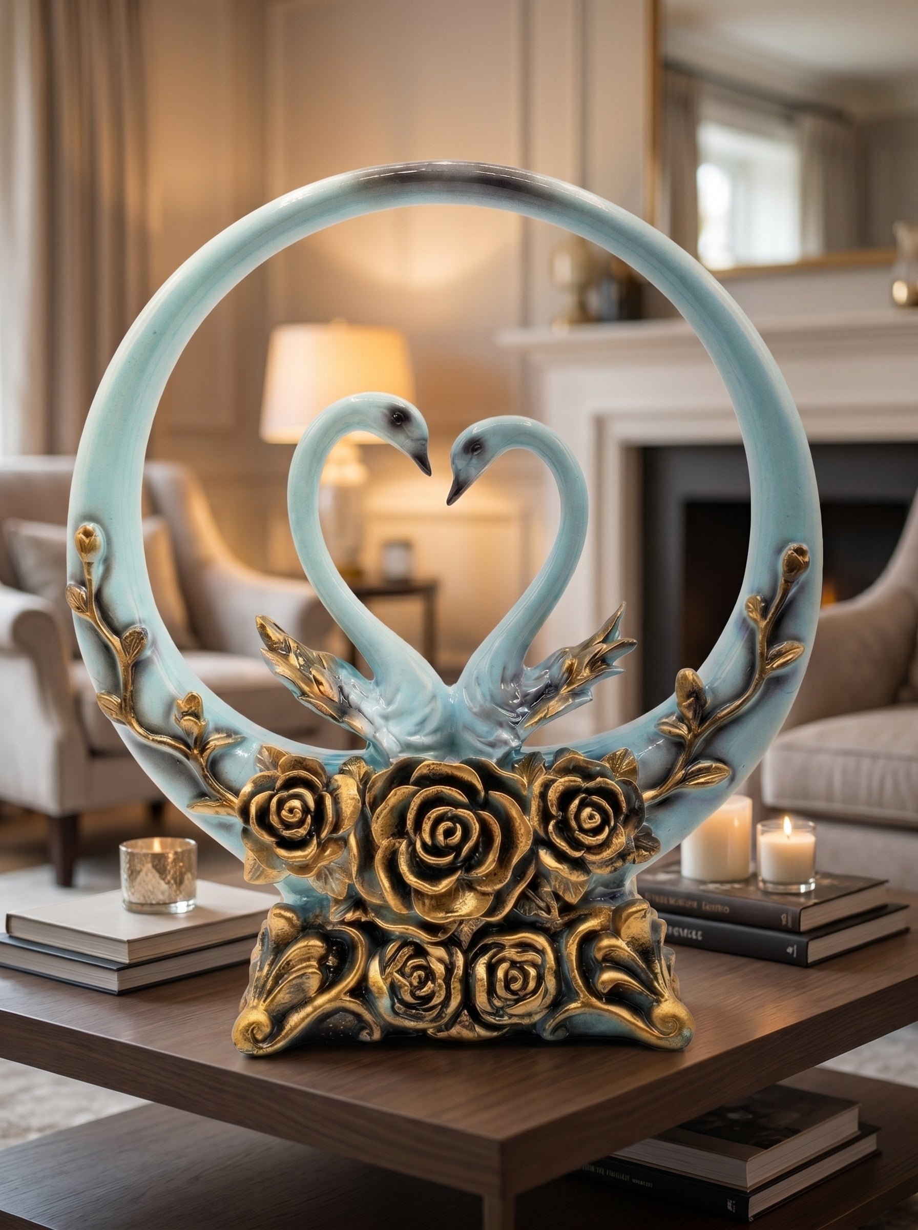 Elegant Swan Couple Showpiece – Blue & Gold Love Decor with Circular Frame