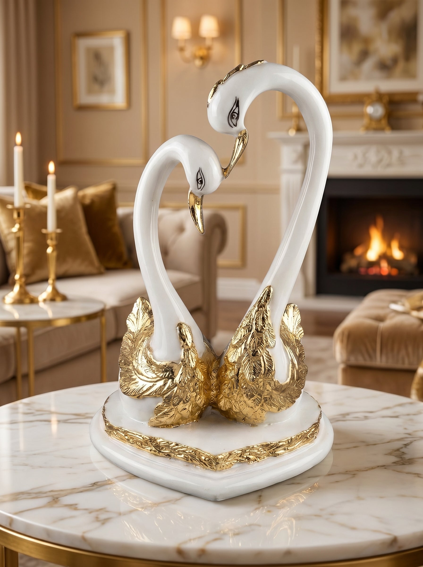Elegant Swan Couple Showpiece – White & Gold Romantic Home Decor Statue