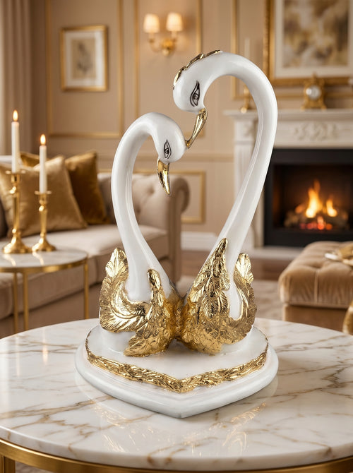 Elegant Swan Couple Showpiece – White & Gold Romantic Home Decor Statue