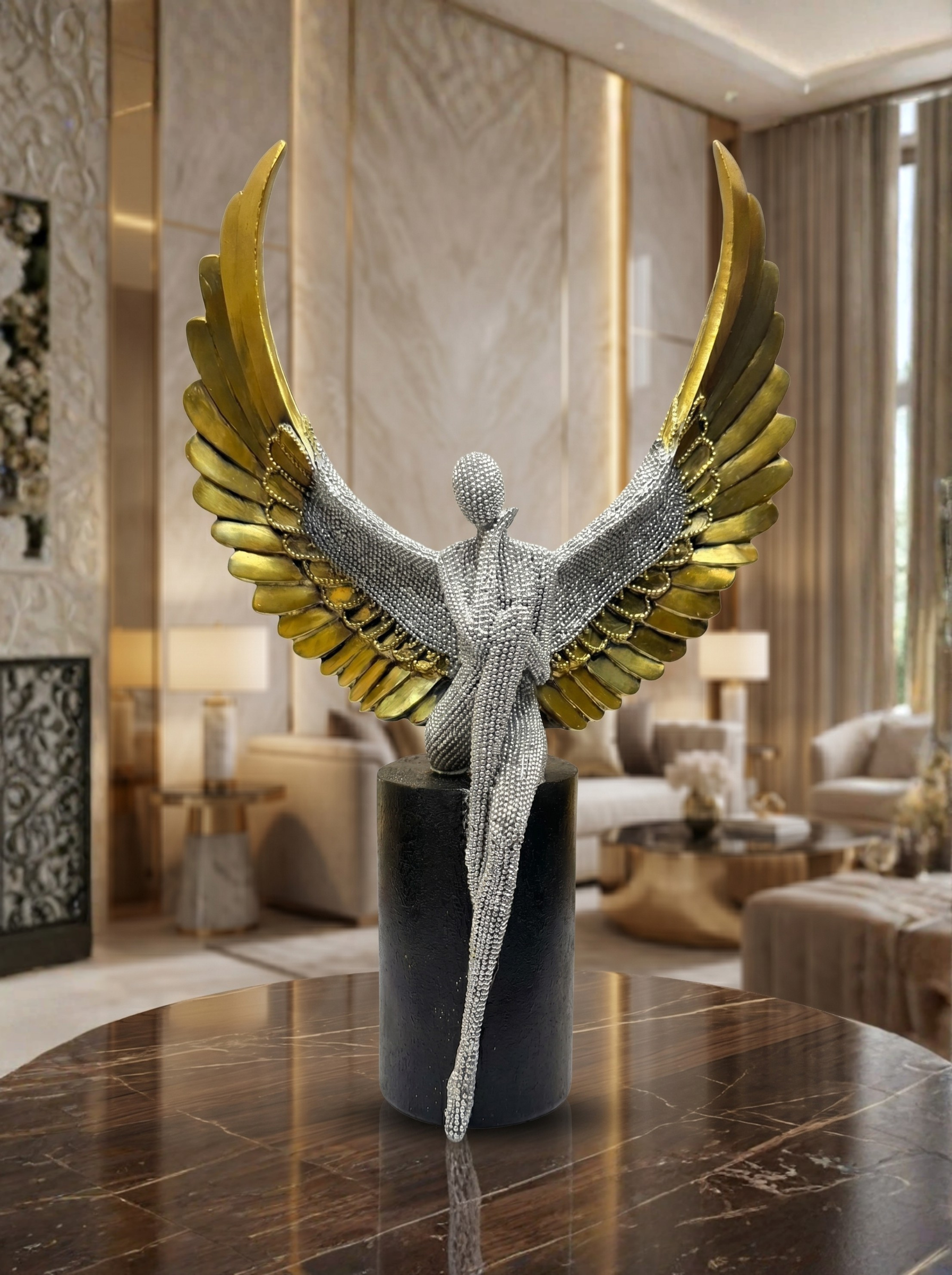 Luxury Crystal Angel Wing Sculpture – Premium Gold & Silver Decor Showpiece