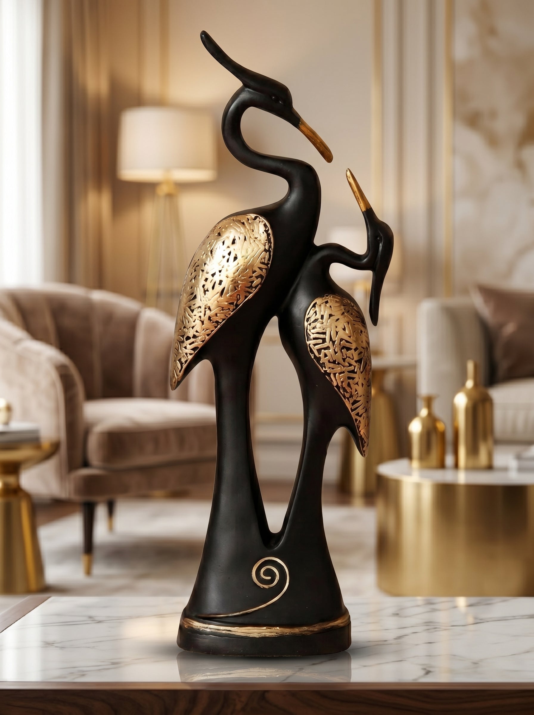 Elegant Crane Couple Showpiece – Black & Gold Modern Home Decor Sculpture