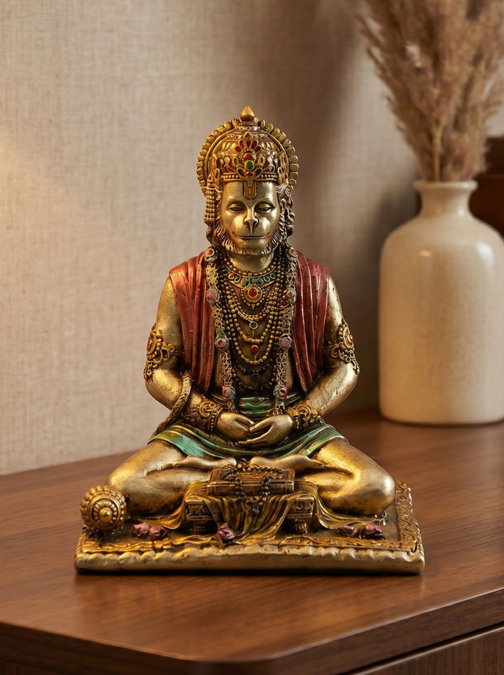 Hanuman Meditation Statue – Antique Gold Spiritual Decor for Home & Car Dashboard