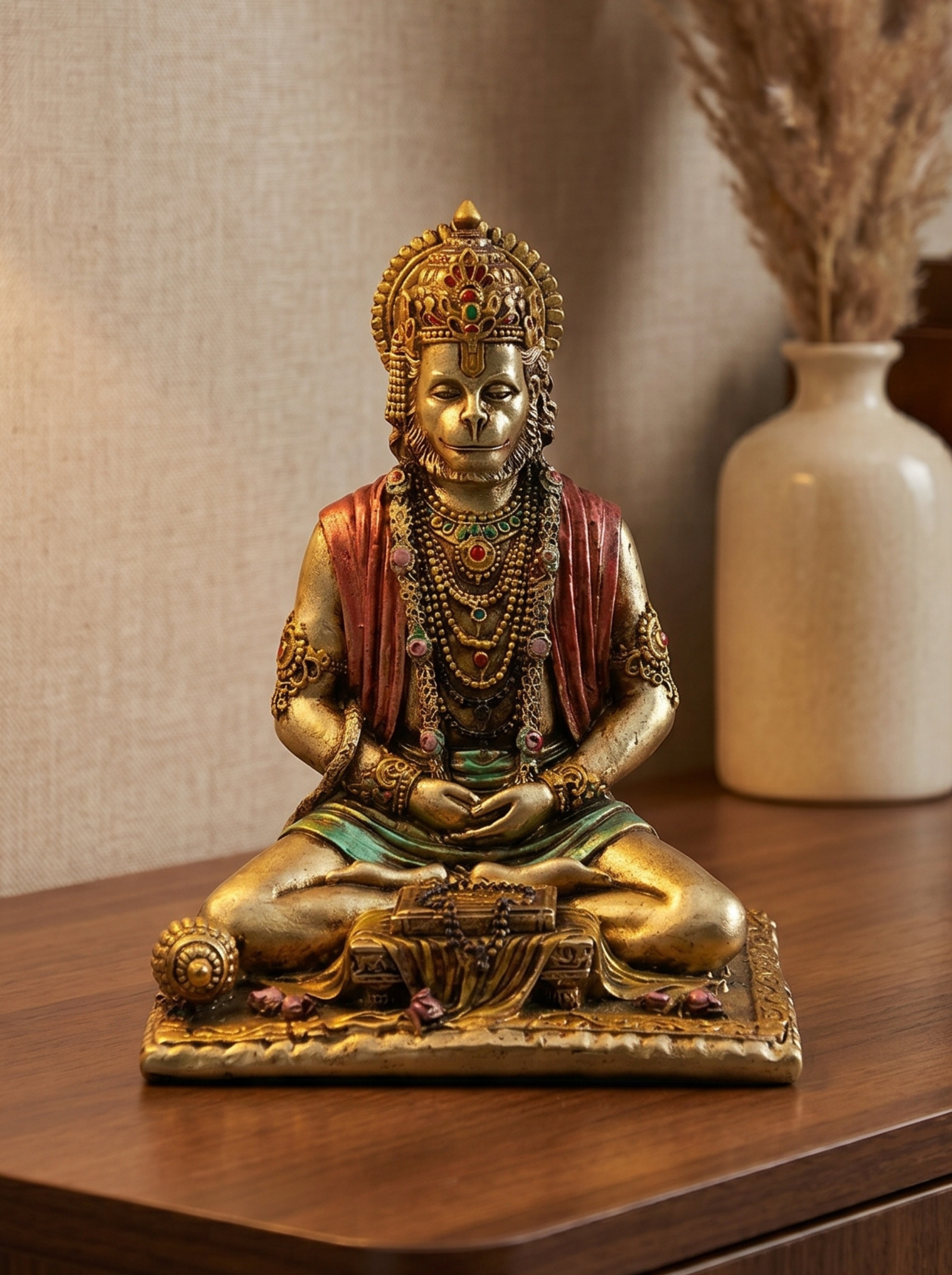 Hanuman Meditation Statue – Antique Gold Spiritual Decor for Home & Car Dashboard