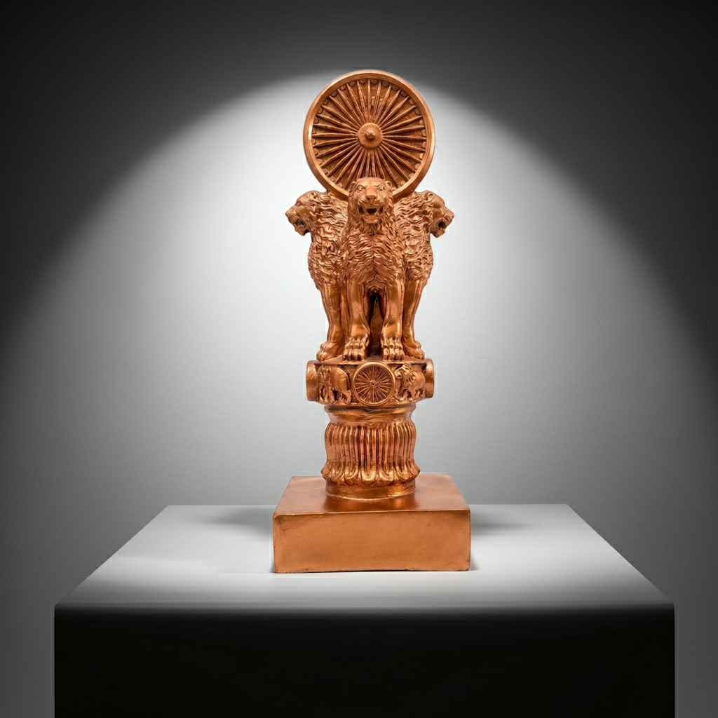 Ashoka Lion Capital with Samay Chakra Statue – Premium Copper Gold National Emblem Decor