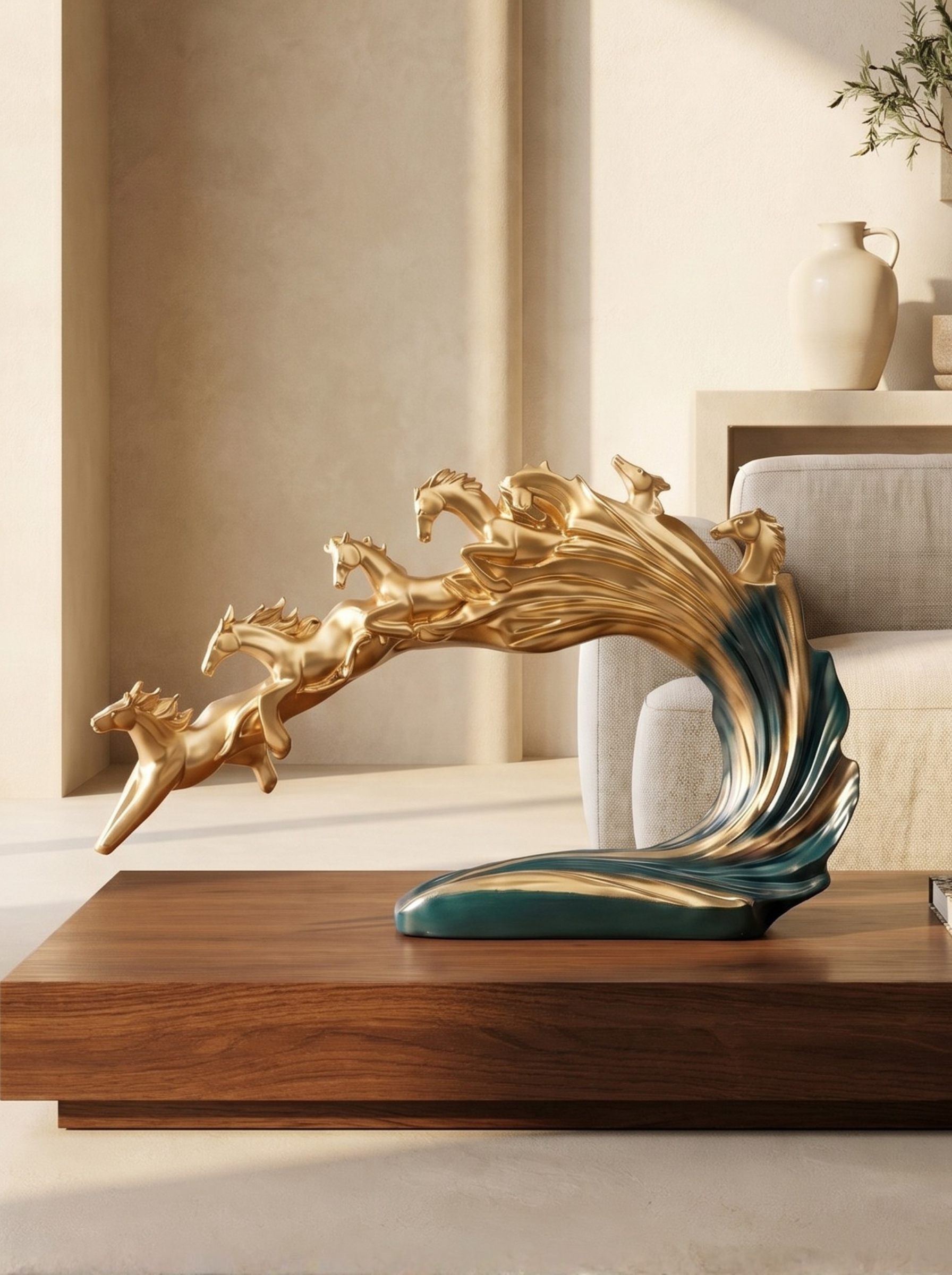 Golden Horse Sculpture Decor | Luxury Wave Horse Statue for Home & Office